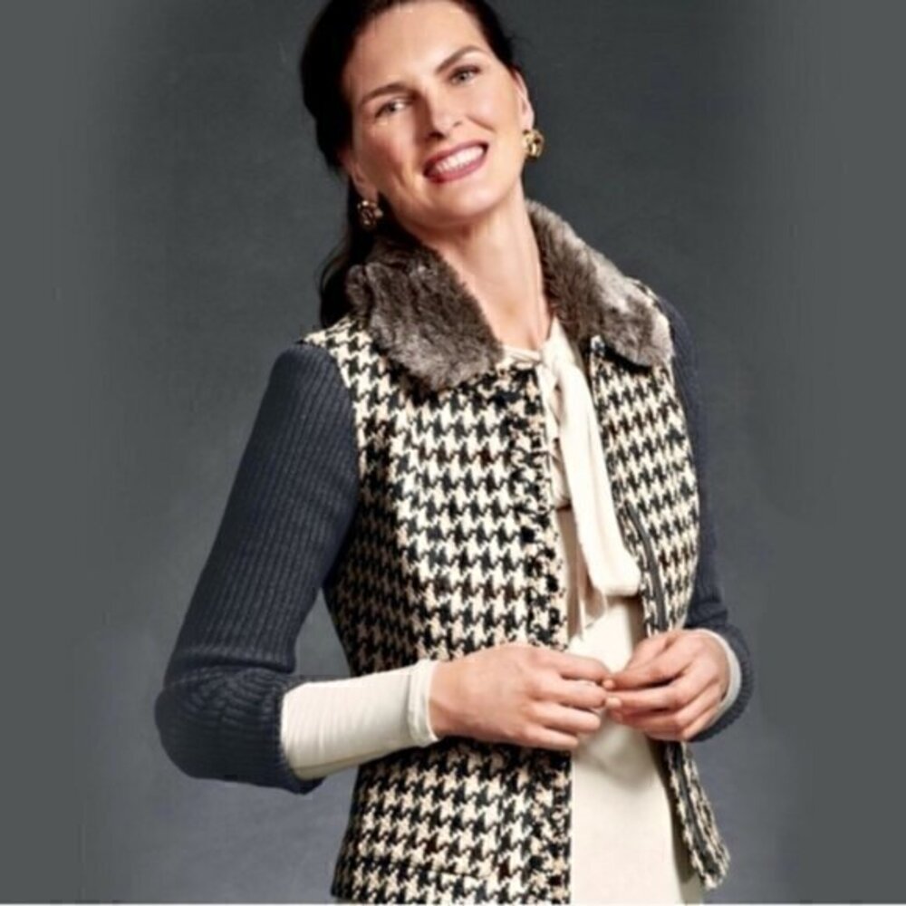 Cabi Wool Blend Fur Collar Houndstooth Coat Size 4